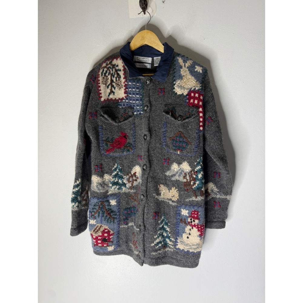 Signatures Northern Isles Wool Cardigan Sweater Winter Scene Hand Knit Grey M